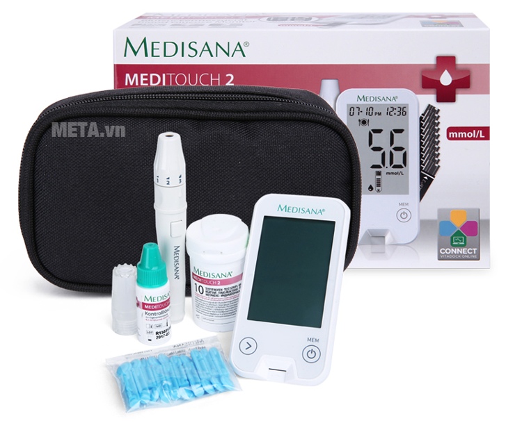 Bộ sản phẩm đầy đủ của máy đo đường huyết Medisana Meditouch 2 Bộ sản phẩm đầy đủ của máy đo đường huyết Medisana Meditouch 2
